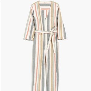 Madewell V-Neck Belt Tie-Waist Jumpsuit - Blue White Coral Sage - Size 0